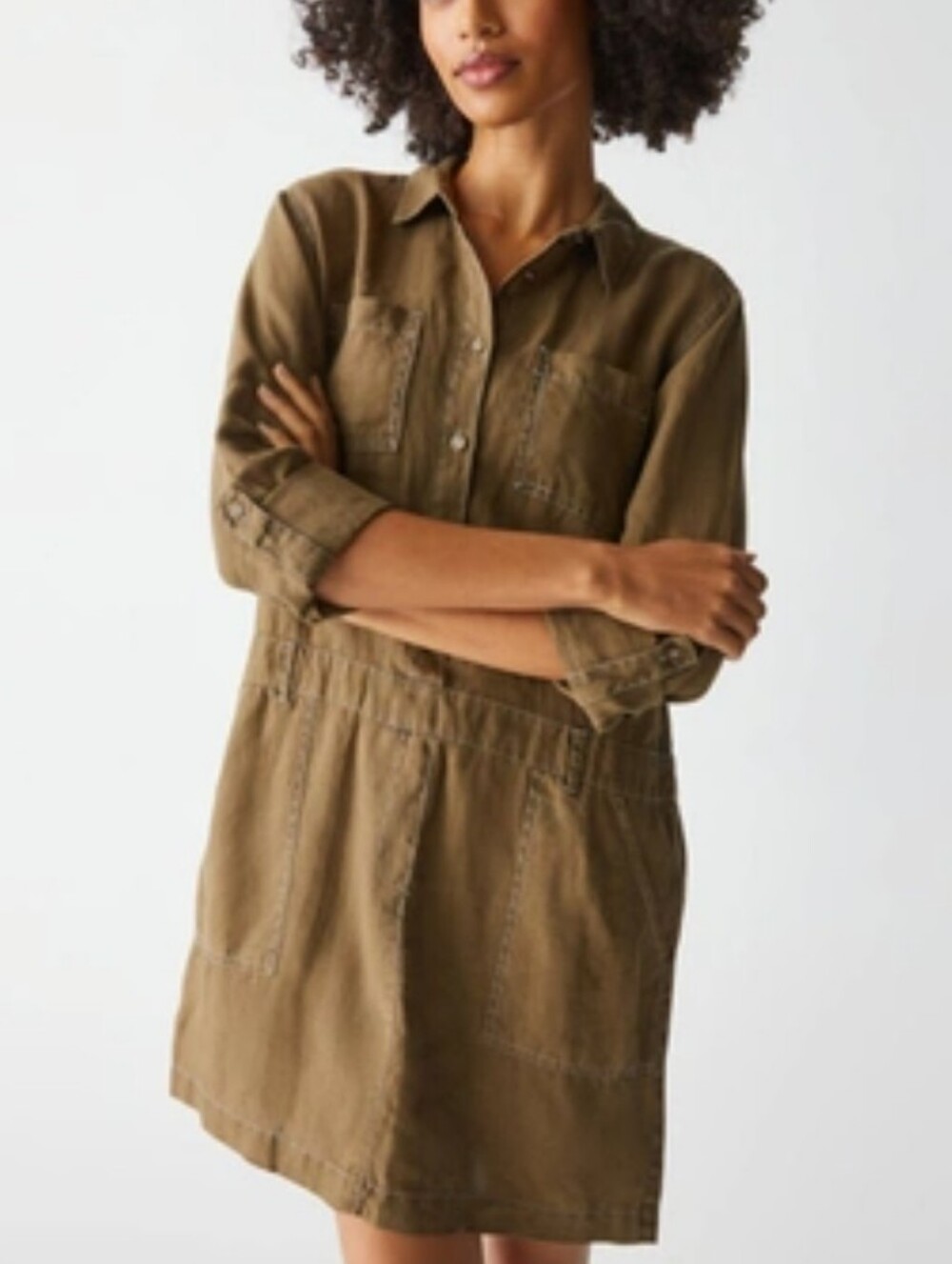 MICHAEL STARS Women’s Pilar Linen Shirt Dress Medium Khaki Pockets